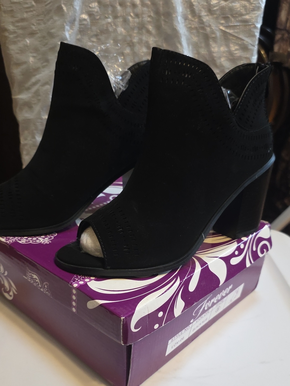 Forever Black Peep-Toe Block Heel Booties